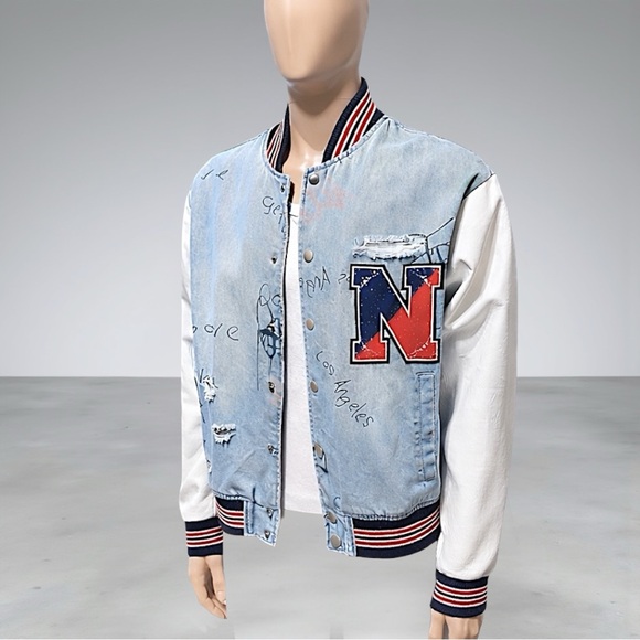 Fashion Nova Men’s Light Blue & White Graffiti Denim Varsity Jacket - Picture 13 of 13